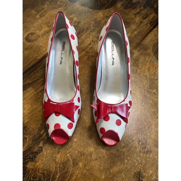 Red White Polka Dot Leather Peep Toe 2.5in Heels Bellini Bow  7 Retro Coquette - Picture 5 of 14
